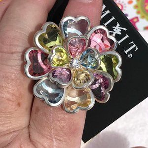 Boho Stretch Flower Statement Silvertone Ring NWT